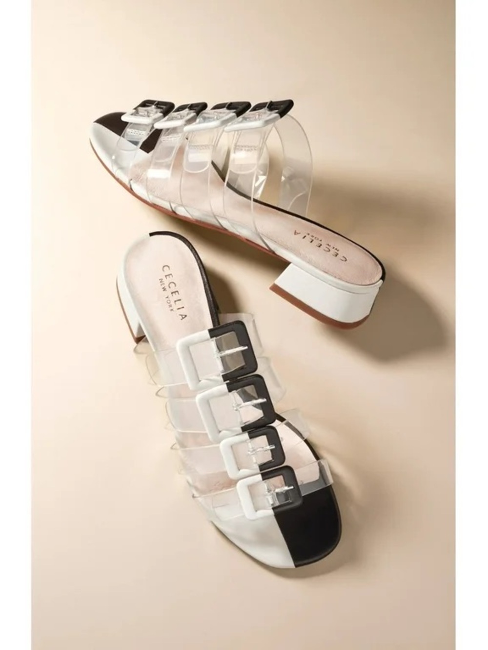 Cecelia New York Lincoln Sandal Black White Slip On Clear Mule 6 Anthropologie